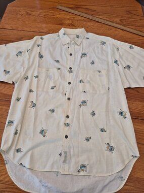 Basic Saturdays Blues Mens Button-Up Shirt Pin-Up Girl Print Short Sleeve Size L